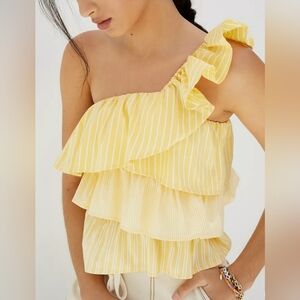 Maeve Antropologie Ruffled One-Shoulder Yellow Striped Tiered Top Size M